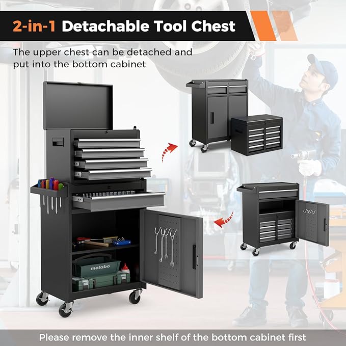 IRONMAX Rolling Tool Chest, 5-Drawer Lockable Tool Cabinet w/Adjustable Shelf & 4 Universal Wheels, 2 in 1 Detachable Tool Box Storage Organizer for Garage Workshop Repair Shop, Grey
