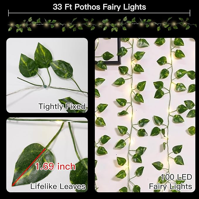 suddus Vine with Fairy Lights Battery Operated, 33ft100 LED Pothos String Lights with Remote, Leaf Lights for Bedroom, Room, Wall, Garden, Party, Wedding Decor(Warm White)