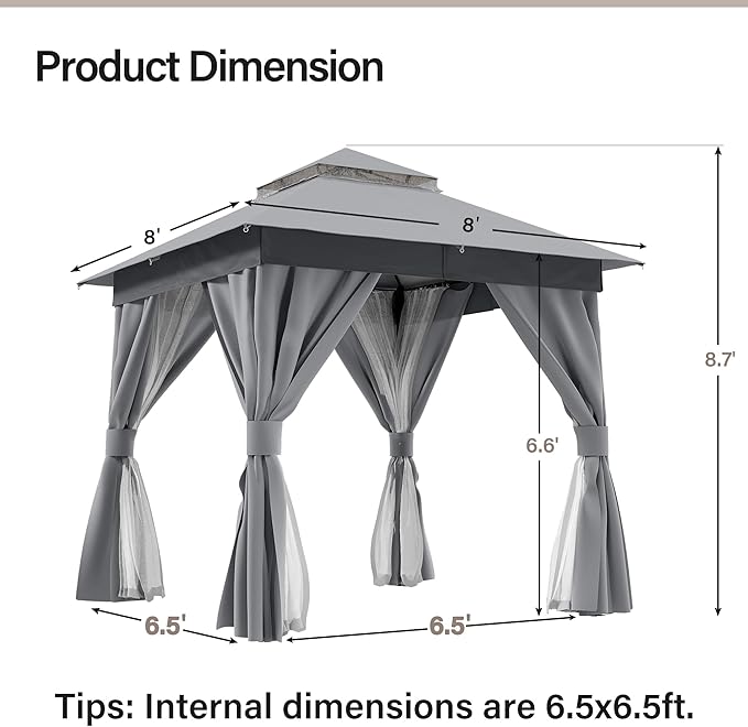 LAUSAINT HOME Semi-Permanent Patio Gazebo 8'x8' with Expansion Bolts, Outdoor Heavy Duty Party Tent with Double Roofs, Mosquito Nettings and Privacy Screens for Backyard, Garden, Lawn, Smoke Grey