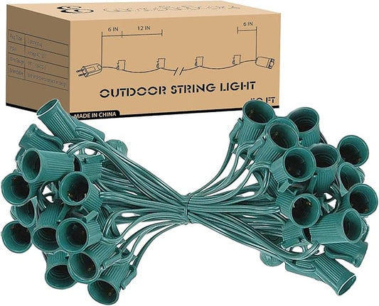 50FT C9 Light String Christmas Stringer, E17 Light Sockets 12" Spacing, C9 Stringer Set Green Outdoor String Lights Strand for Wedding Patio Event Lighting Decor, Green Wire