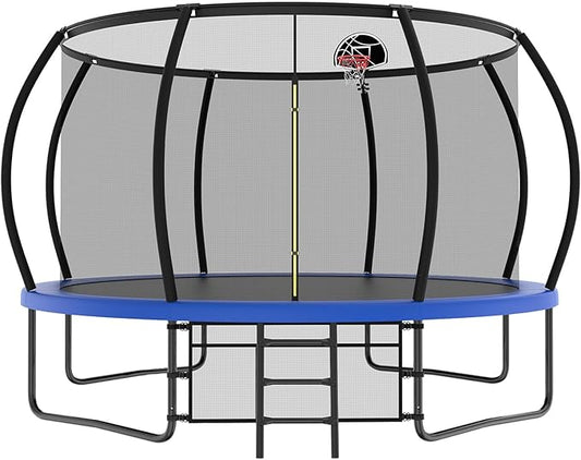 Lyromix 12 14 15 16FT Outdoor Trampolines for Kids and Adults, Pumpkin Trampolin with Curved Poles, Recreational Trampolin with Basketball Hoop and Safety Enclosure Net for Kids and Adults