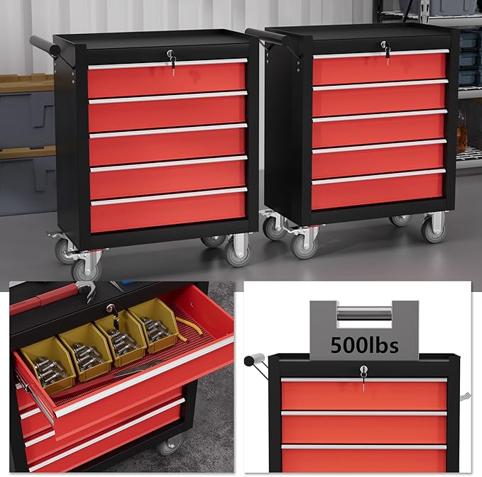 5-Drawer Tool Chest,Rolling Tool Cart with Wheels,High Capacity Tool Cabinet with Locking System for Garage, Warehouse, Workshop-Black&Red