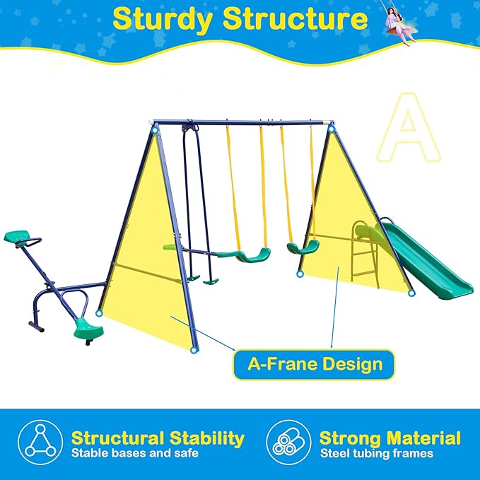 Swing Set for Kids Backyard Playground A-Frame Heavy-Duty Metal Swing Sets with Slide Outdoor (5 in 1)