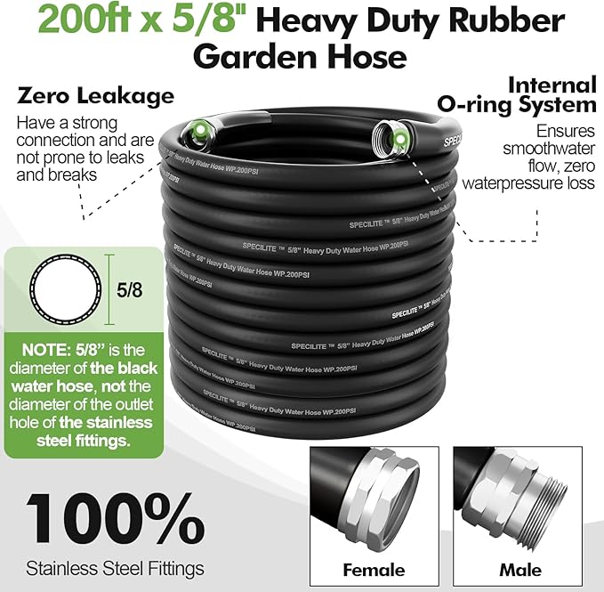 SPECILITE 5/8 Garden Hose 200 ft with High Flow Nozzle, Heavy Duty Flexible Hybrid Rubber Water Hose for Outdoor, Lightweight, Leak-Proof, No-Kink, 3/4Stainless Steel Fittings,Black