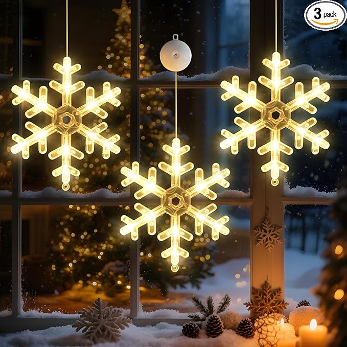 3Pack Christmas Window Lights Decorations with Timer,Battery Powered Christmas Hanging Warm White Lighted Snowflake Shaped LED Sucker for 2026 Xmas Tree Fireplace Indoor Decor
