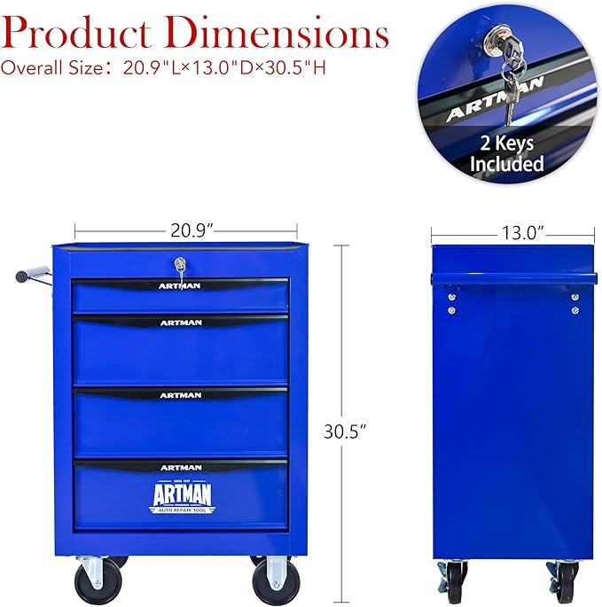 RYH 4 Drawers Rolling Tool Chest - 13 D x 20.9 W x 30.5 H Heavy Duty Mobile Tool Cart with Locking Wheels & Ball Bearing Drawers, Garage Tool Storage Cabinet (Blue, 4 Drawers)