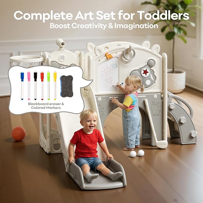 Mloong Toddler Slide for Kids - 10 in 1 Kids Slide for Toddlers Baby 1-3 Years Old, Indoor and Outdoor with Basketball Hoop Golf Drawing Set, Easy Assembly Elk Theme (Beige & Gray)(54×62×39in)