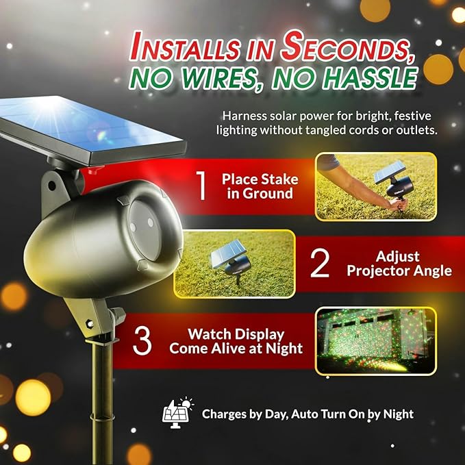 STARTASTIC Solar Wireless Christmas Lights Show Projector, LED Solar Outdoor Christmas Decorations Without Wires for Easy Installation, Auto-On, Remote Control, Waterproof, 5 Modes, for House, Party