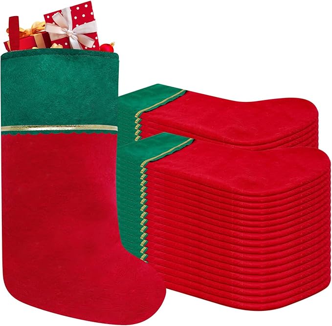 36 Pack Felt Christmas Stockings, 19 Inches Red and Green Christmas Stockings, Green Cuff with Gold Trim Christmas Stockings for Family Christmas Holiday Decorations