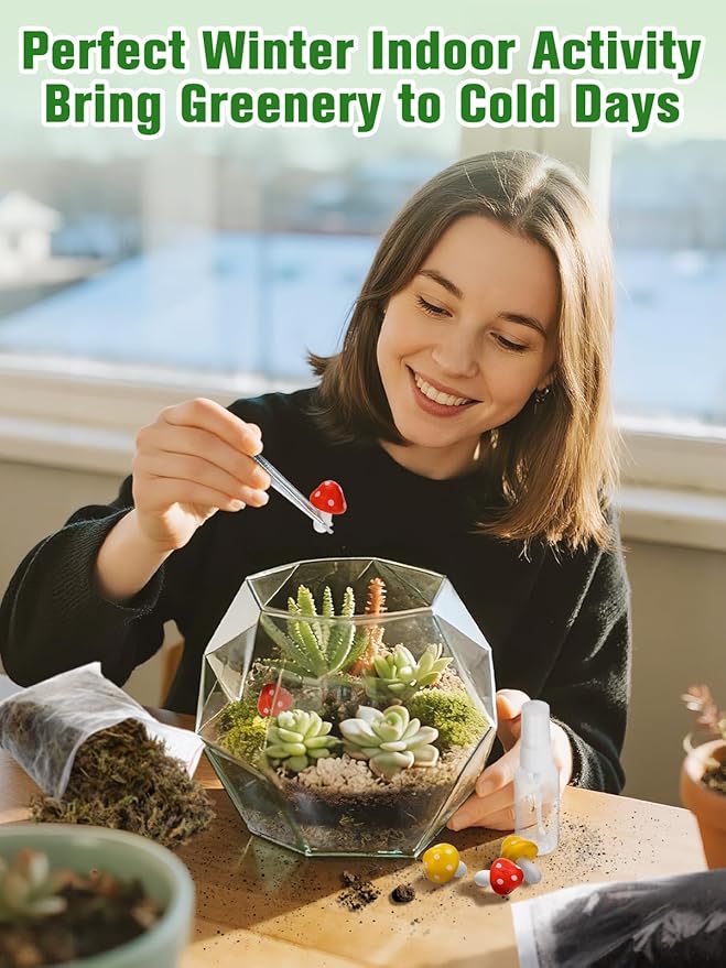 Terrarium Kit Adults - Includes Pumice, Moss, Soil, Pebbles, Charcoal, 2 Tools, Mushroom Ornaments for Succulent Cactus, Christmas Terrarium Accessories Decor Gifts for Starter Women