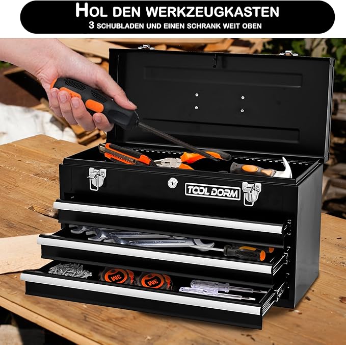 20.3¡° Metal Tool Box with Drawers Portable Steel Tool Box with Protective Liner and Latch Closure and Lock for Garage, Home and Warehouse (Black-3 Drawers)