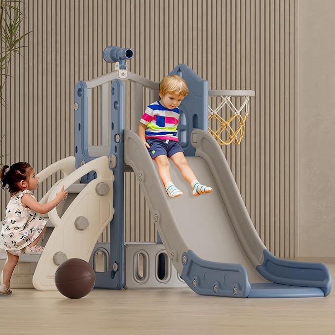 XJD 5 in 1 Toddler Slide, Kids Slide for Toddlers Age 1-3, Outdoor Indoor Playset for Toddlers with Basketball Hoop and Ball, Storage Space Birthday Gifts for Toddler (Blue)