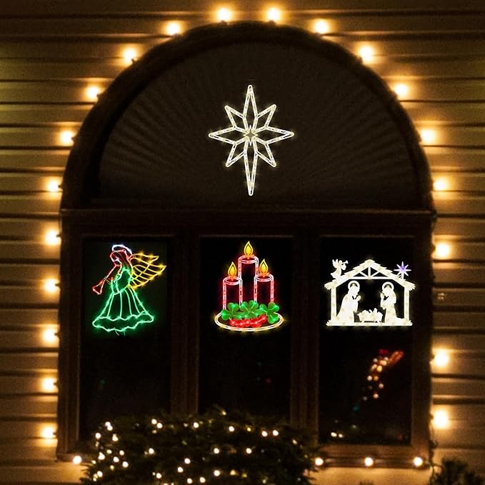 Christmas Decorations -16" Christmas Window Silhouette Lights - 4 Pack Colour Lighted Angel & Nativity & Bethlehem Star & Candle for Holiday Indoor and Outdoor Wall Door Window Decorate