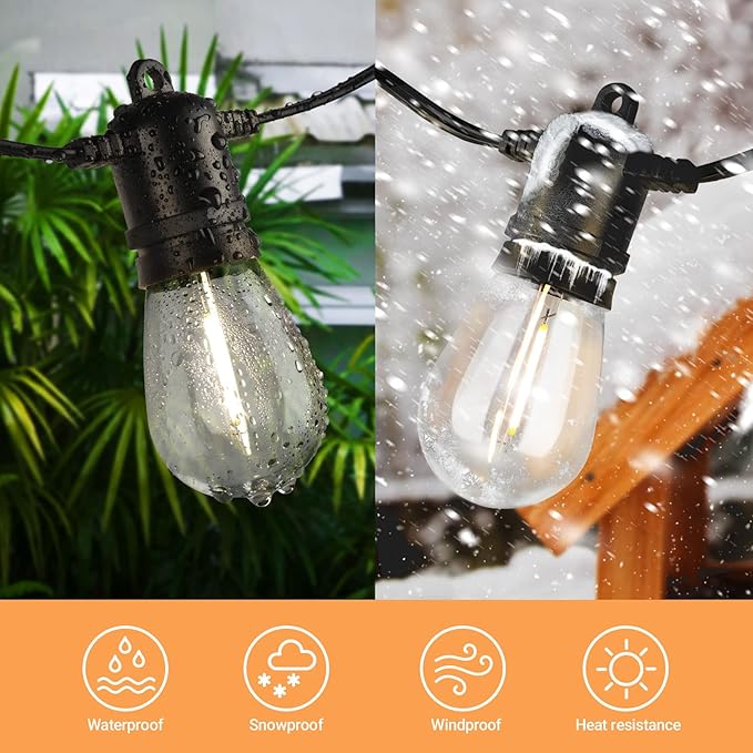 Brightever LED Outdoor String Lights, 100FT Waterproof Heavy Duty Outside Lights for Patio with 32 Shatterproof Dimmable S14 Edison Bulbs, Warm White Outdoor Lighting for House, Backyard, Garden