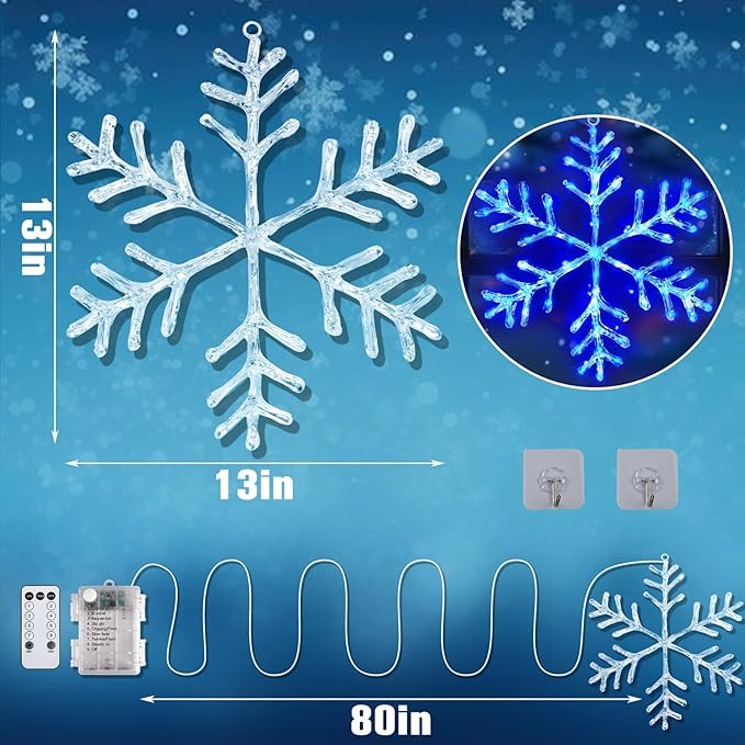 Christmas Decorations, 2 Pack Christmas Window Lights Snowflake Decorations, Snowflake Lights with 8 Lighting Modes for Holiday Indoor and Outdoor Wall Door Glass Decoration(Blue)