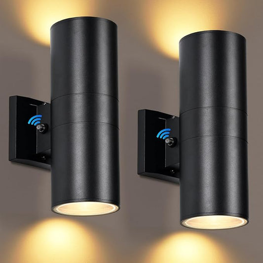 Dusk to Dawn Outdoor Wall Lights 2 Packs, Modern Outdoor Porch Lights with Bulbs, Integrated LED Cylinder Exterior Light Wall Mount, Up and Down Lighting Wall Sconce for House Porch Door