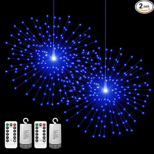 2 Pack Starburst Sphere Lights,200 LLED Firework Lights, 8 Modes Dimmable Remote Control Waterproof Hanging Fairy Light, Copper Wire Light for Patio Parties Christmas (Blue)