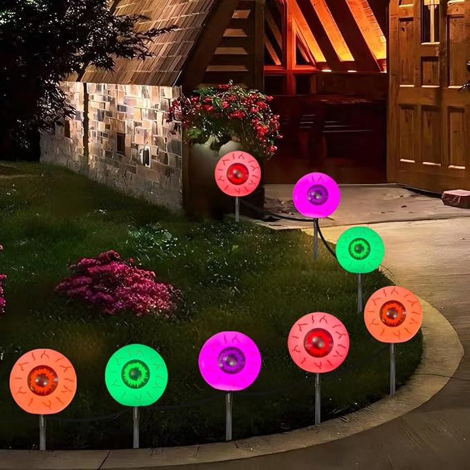 GOOTHY Outdoor Halloween Decorations Pathway Lights, 7Ft Halloween Eyeballs Pathway Markers String Light Waterproof with 4 LED Scary Eyeballs Stakes Lights for Outdoor Walkway Yard Lawn Garden