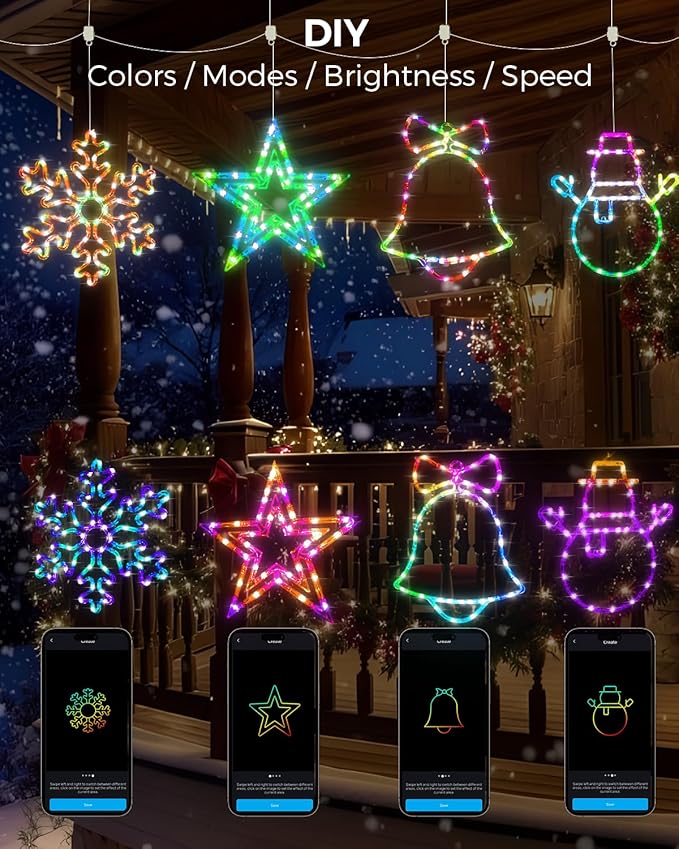 15'' Smart Christmas Window Lights 4 Pack, Color Changing Window Silhouette Lights, Timer, App Control, Music Sync, Bells, Snowflake, Star, Lighted Christmas Decorations for Indoor Outdoor