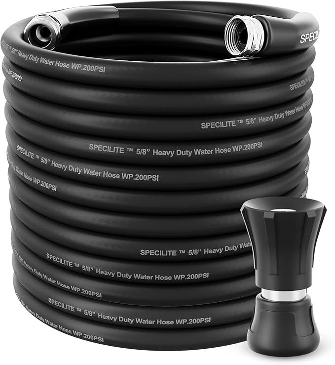 SPECILITE 5/8 Garden Hose 150 ft with High Flow Nozzle, Heavy Duty Flexible Hybrid Rubber Water Hose for Outdoor, Lightweight, Leak-Proof, No-Kink, 3/4Stainless Steel Fittings,Black