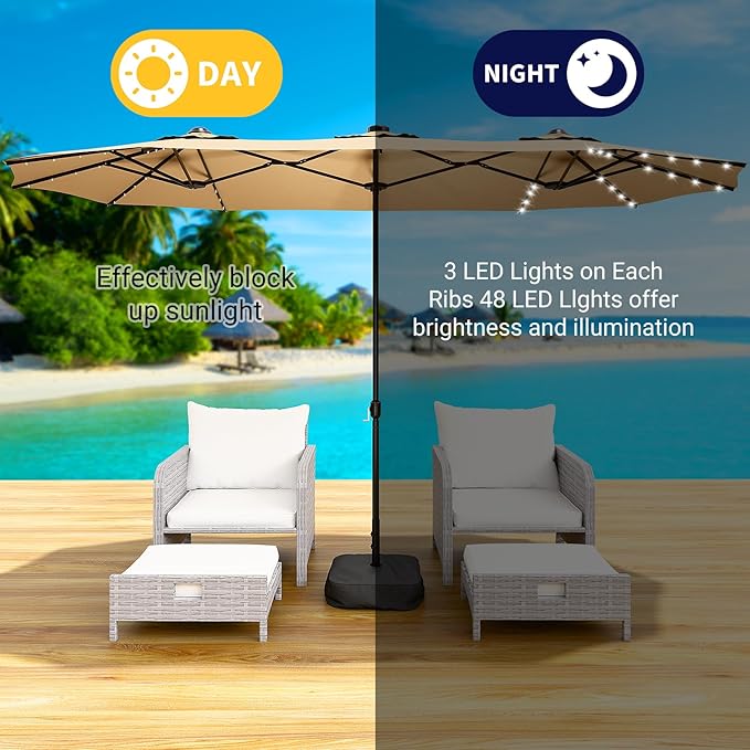 CHABATREE 15FT Rectangle Patio Umbrella with Base & Solar LED Lights - Double-Sided
