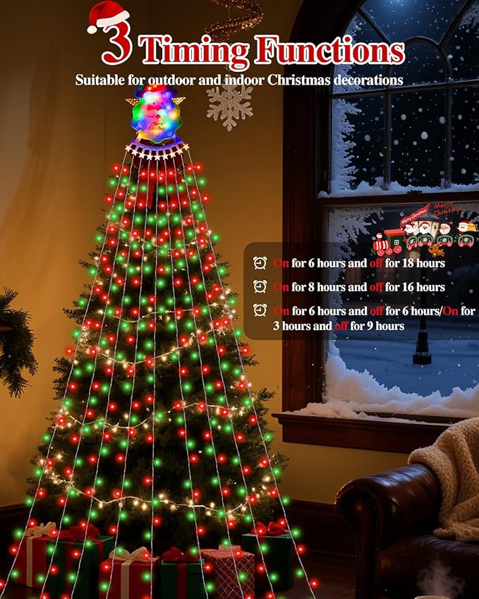 Christmas Decorations Outdoor String Lights - 335 LED 11.48ft 9 Strands Waterfall Tree Lights with Topper, 8 Lighting Modes Christmas Lights Indoor Decorative for Wedding Yard Party Home