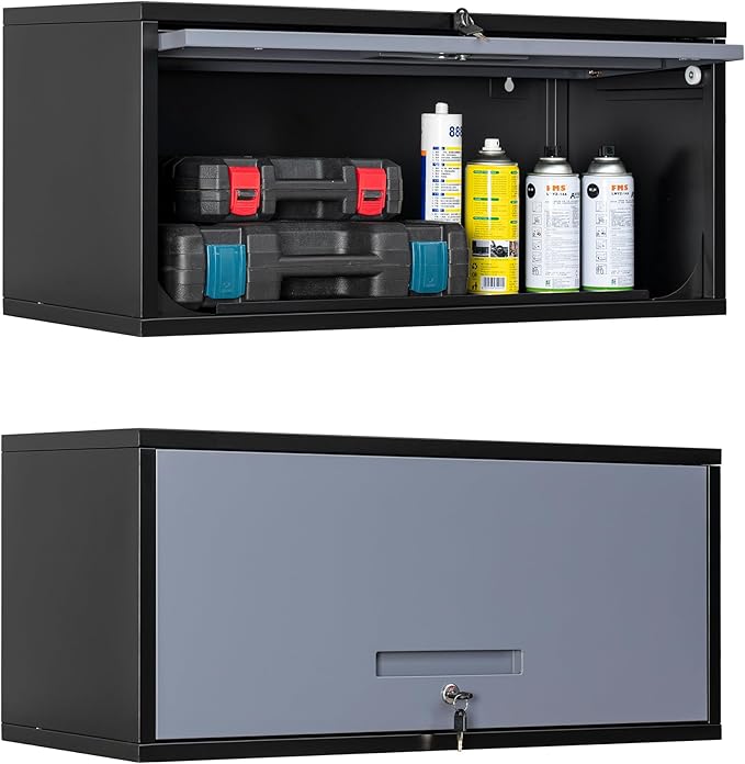 Yizosh Metal Garage Wall Cabinet with Doors, Wall Mounted Metal Storage Cabinet, Floating Garage Tool Cabinet for Garage, Basement, Kitchen, Warehouse (Black Gray, 13.7 H)