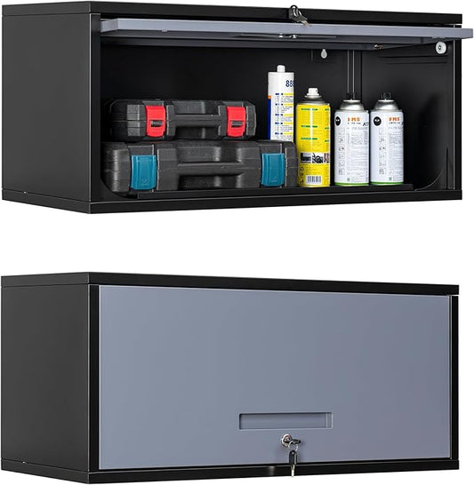 Yizosh Metal Garage Wall Cabinet with Doors, Wall Mounted Metal Storage Cabinet, Floating Garage Tool Cabinet for Garage, Basement, Kitchen, Warehouse (Black Gray, 13.7 H)