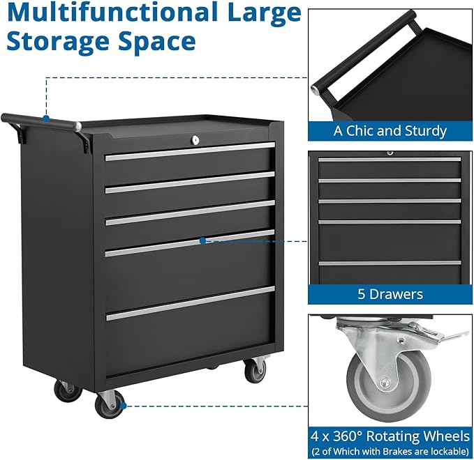 Rolling Tool Chest with Wheels - Heavy Duty 5 Drawer Tool Cart with Keyed Lockable, Side Handle, Protective Liner, Mobile Metal Storage Organizer Cabinets for Garage, Warehouse, Repair Shop