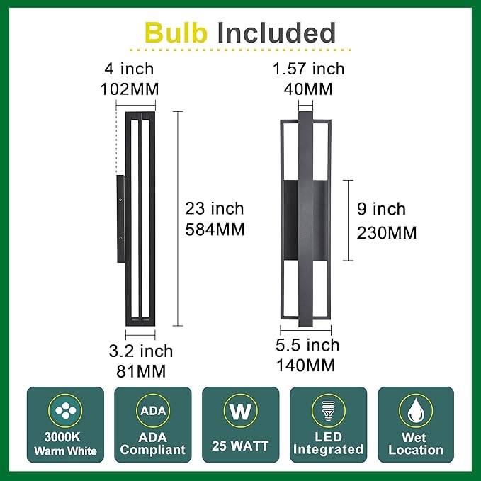 2 Pack 23-inch Modern Large Outdoor Waterproof LED Wall Light, Aluminum Linear Design, Rustproof & Corrosion-resistant, IP65 25W 3000K, Exterior Lights for Entrance, Hallway, Garage, Porch
