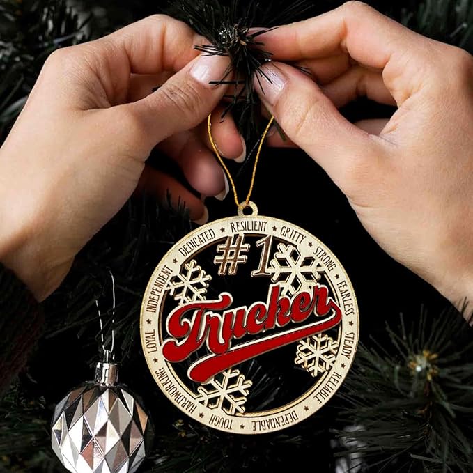 #1 Trucker Wooden Christmas Ornament – Truck Driver Holiday Tree Decoration, Gift for Truckers, CDL Drivers, Dad or Husband, Rustic Red Snowflake Ornament for Trucking Lovers