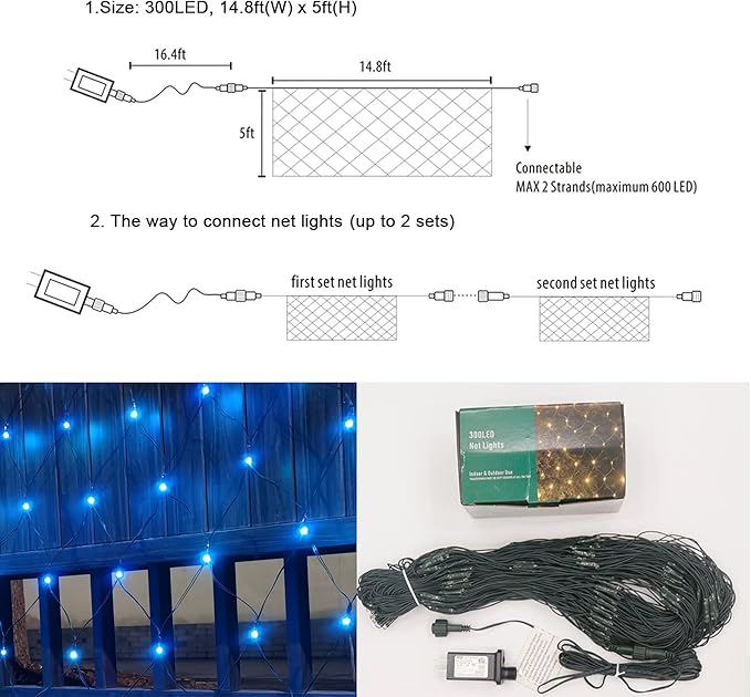 OYCBUZO 300LED Net Lights,14.8ftx5ft 8 Modes Connectable Christmas Mesh Lights, Indoor and Outdoor Fairy String Lights Plug in for Halloween Thanksgiving Bushes Xmas Tree Holiday Party Garden - Blue