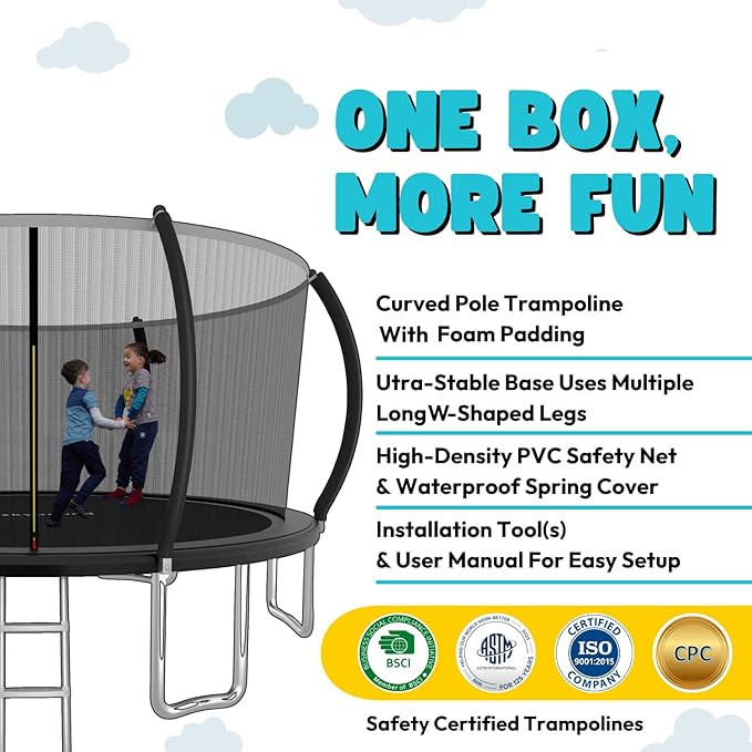 SkyBound Trampoline with Curved Safety Padded Poles - Large Outdoor Backyard ASTM Safety Approved Trampolines for Kids & Adults - Heavy Duty Recreational Outside Trampoline with Safety Net