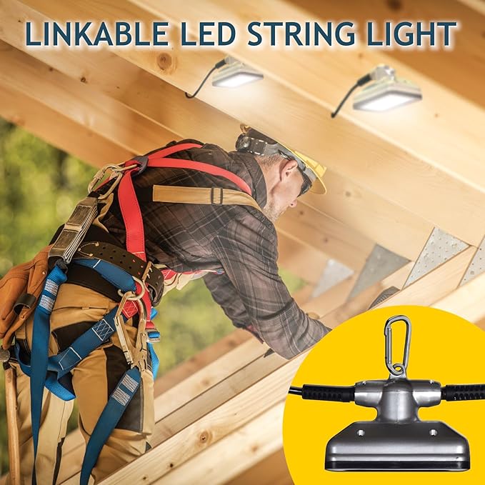 GT-Lite 50FT LED Work Light 50W 5000 Lumen Damp Rated Construction String Lights Linkable for Jobsite Lighting, 5000k Daylight White, ETL Listed (5 Light Heads)