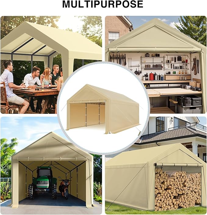 10x20 ft Heavy Duty Carport, Carports Garage with Removable Sidewalls and Reinforced Structure, Outdoor Car Canopy Tent Shelter for Vehicle and Boat (Beige)