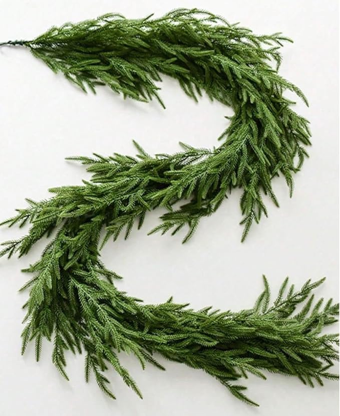 2 Pcs 6 Ft Artificial Norfolk Pine Garlands, Real Touch Winter Pine Garland, Green Artificial Greenery Garland for Table, Mantle, Wall, Indoor, Outdoor Christmas Decorations