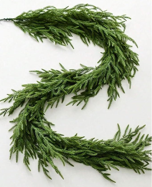 2 Pcs 6 Ft Artificial Norfolk Pine Garlands, Real Touch Winter Pine Garland, Green Artificial Greenery Garland for Table, Mantle, Wall, Indoor, Outdoor Christmas Decorations