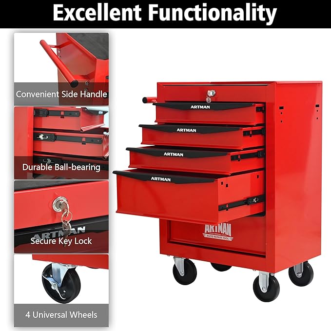 RYH 5 Drawers Rolling Tool Chest - Heavy Duty Mobile Tool Cart with Locking Wheels & Ball Bearing Drawers, ?30.5 H x 20.9 W x 13 D Garage Tool Storage Cabinet (Red, 5 Drawers)