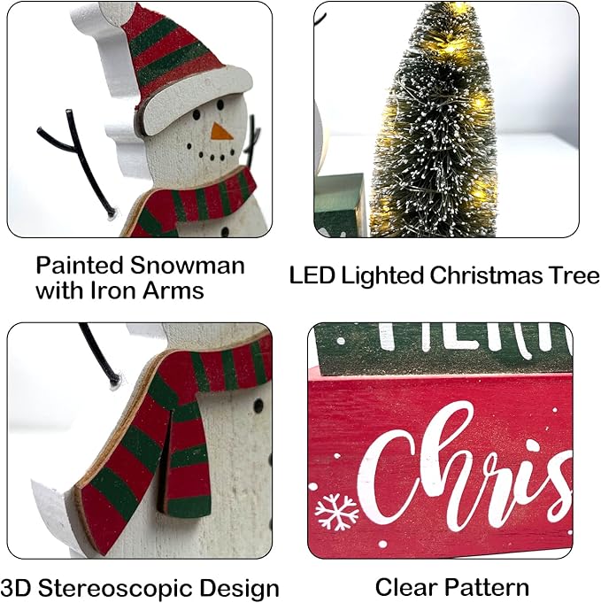 Christmas Decorations for Home LED Lighted Christmas Tree Decor with Timer Farmhouse Snowman Wooden Table Sign Vintage Holiday Xmas Party Winter Tiered Tray Signs
