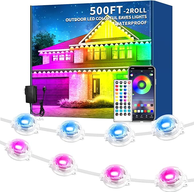 500FT Permanent Outdoor Light, IP67 Waterproof LED Eaves Light, App/Remote Control Christmas Lights, Suitable for House，Patio Decor Garden Party Festival Decoration (2 Rolls, 250 FT)