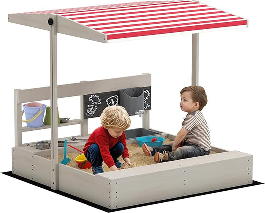 Outsunny Kids Sandbox with Cover, Wooden Outdoor Sandbox with Kitchen Playset Accessories, Height Adjustable Canopy, Outdoor Activity Gift for Boys and Girls Ages 3-7