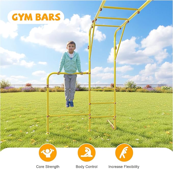 Outdoor Monkey Bars for Kids, Steel Monkey Bar for Backyard, with Climbing and Gymnastics Bar,Free-Standing Playset for Children Age 3-12,Compact for Small Yards, Yellow