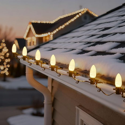 C9 LED Outdoor Christmas Lights,C9 String Lights with Quick Clips,for Xmas House Roof Gutter,Plug in & Connectable,25FT 25 Light,Warm White Faceted