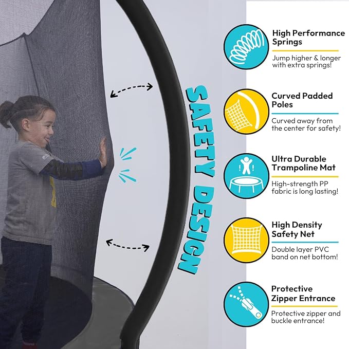 SkyBound Trampoline with Curved Safety Padded Poles - Large Outdoor Backyard ASTM Safety Approved Trampolines for Kids & Adults - Heavy Duty Recreational Outside Trampoline with Safety Net