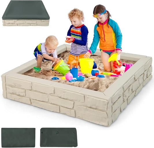 HONEY JOY Sandbox with Cover, 47 x 47 Inch Square Sand Pit for Backyard, Bottom Drainage Oxford Liner, HDPE Playful All Weather Resistant Sand Boxes for Kids Outdoor with Lid (White)