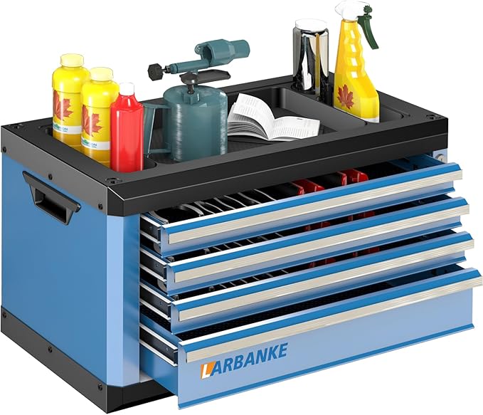 4-Drawer Tool Box with Lock&Keys,Portable Tool Box with Multifunctional Countertop,with Drawer Liner&Connecting Holes, Stacking with Same-Series 5&7-Drawer Tool Chests to Combine a Larger One