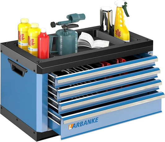 4-Drawer Tool Box with Lock&Keys,Portable Tool Box with Multifunctional Countertop,with Drawer Liner&Connecting Holes, Stacking with Same-Series 5&7-Drawer Tool Chests to Combine a Larger One