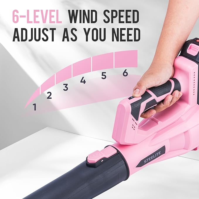 Steelite Leaf Blower Cordless with 2 Battery and Charger, 20V Electric Leaf Blowers, Lightweight Handheld Snow Blower for Lawn Care, Patio, Garden, Pink
