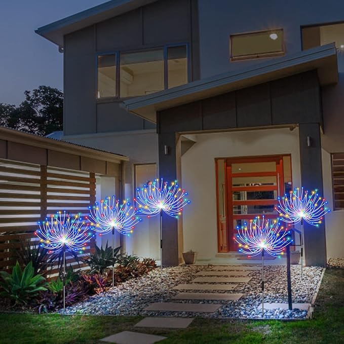 Solar Firework Lights, Garden Light 5 Pack 120 LED Remote Control Solar Decorative Light, Waterproof Stake Landscape Lights with 8 Flashing Modes, for Garden Pathway Courtyards Decor(Colorful)