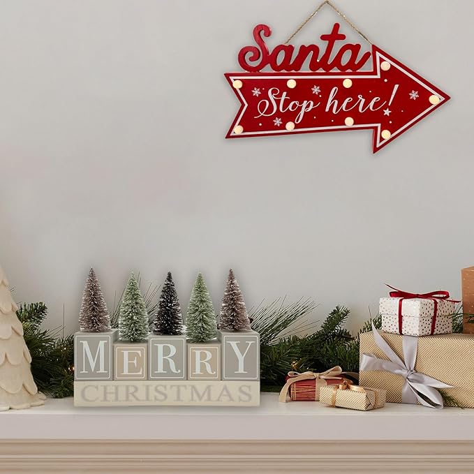 Christmas Decorations for Home Farmhouse Merry Christmas Tree Decor Wooden Winter Rustic Sign Vintage Holiday Tabletop Block for Kitchen Xmas Party Mantel Tiered Tray Gift